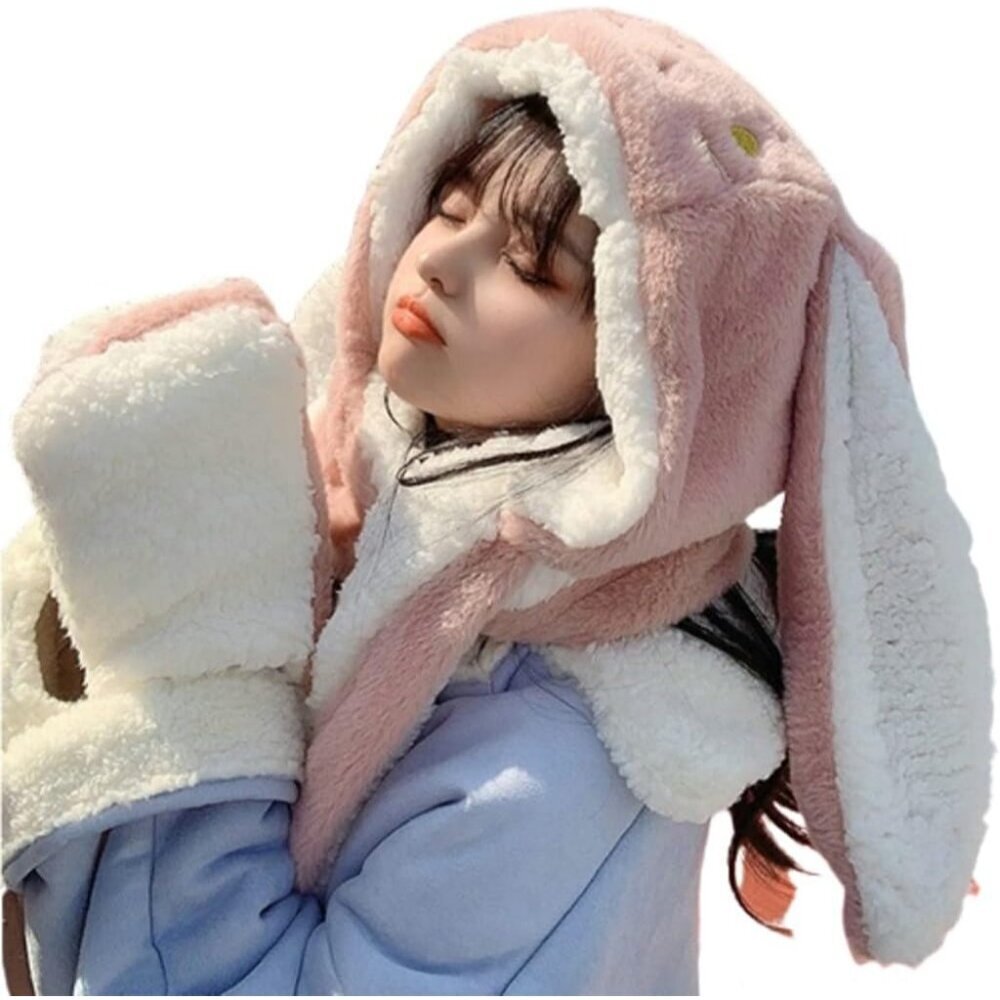 Cute Rabbit Ear Plush Beanie Hat Scarf Set Women Fluffy Fleece Animal Hoodie War